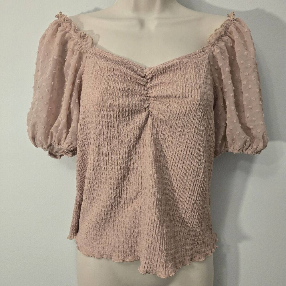 Womens Pink Smocked Sheer Puff Sleeve Top Sz M Romantic Coquette Peasant Fairy